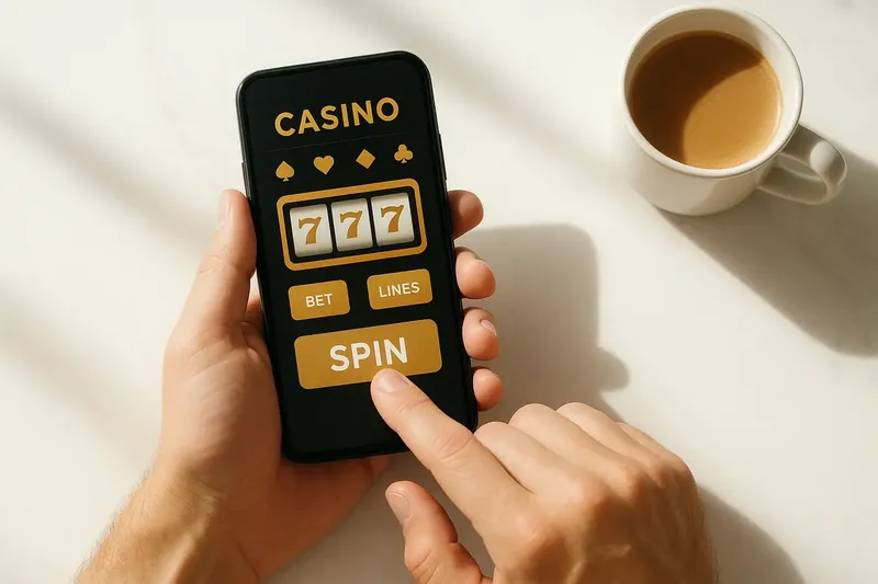 Man's hands tapping mobile casino interface on white marble desk