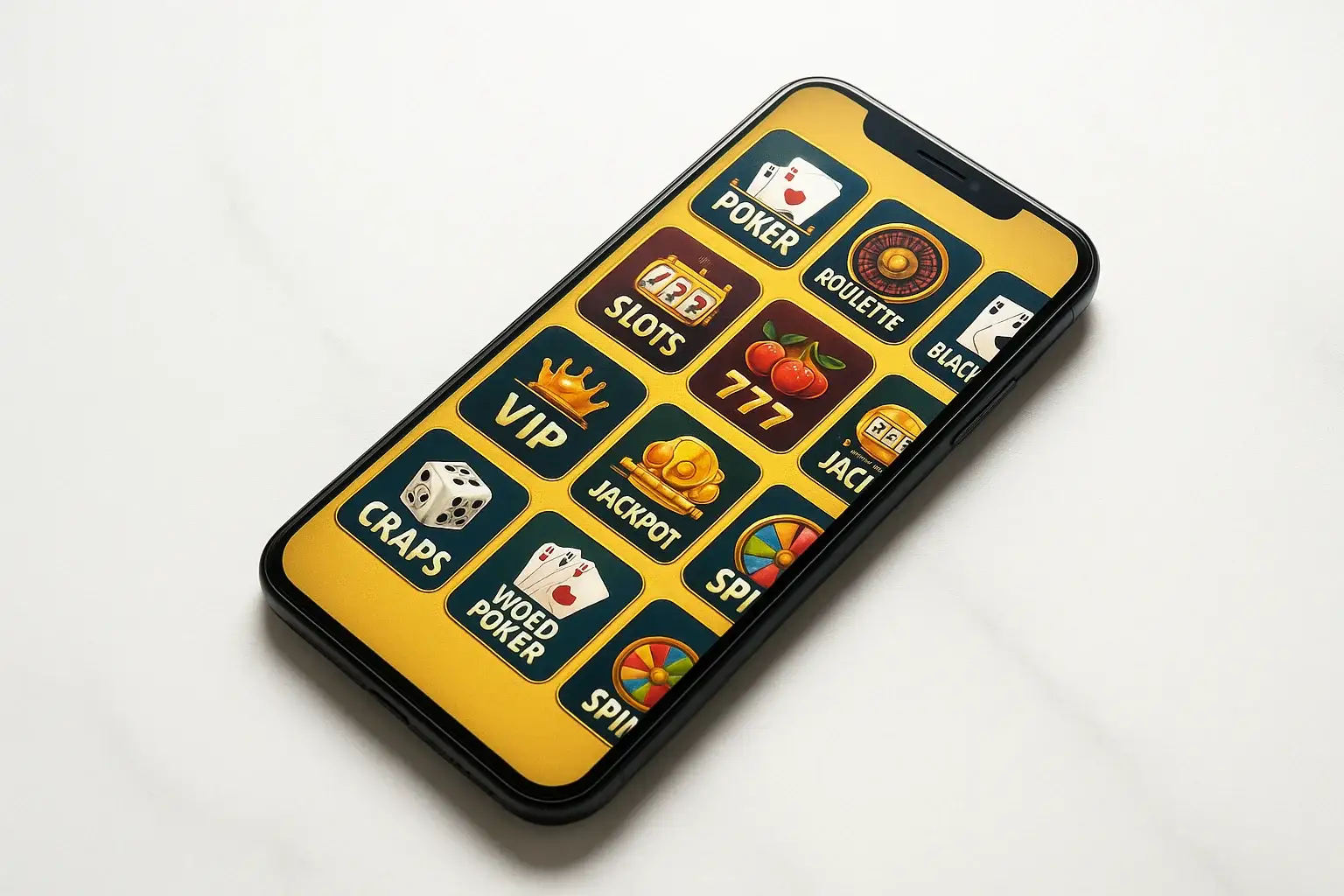 Smartphone on white marble showing bright casino game selection grid