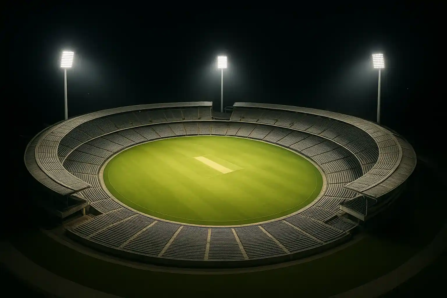 Aerial view of cricket stadium at night with bright floodlights