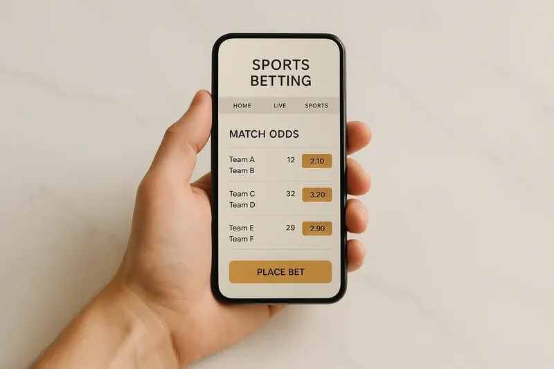Hand holding smartphone showing sports betting odds on marble surface