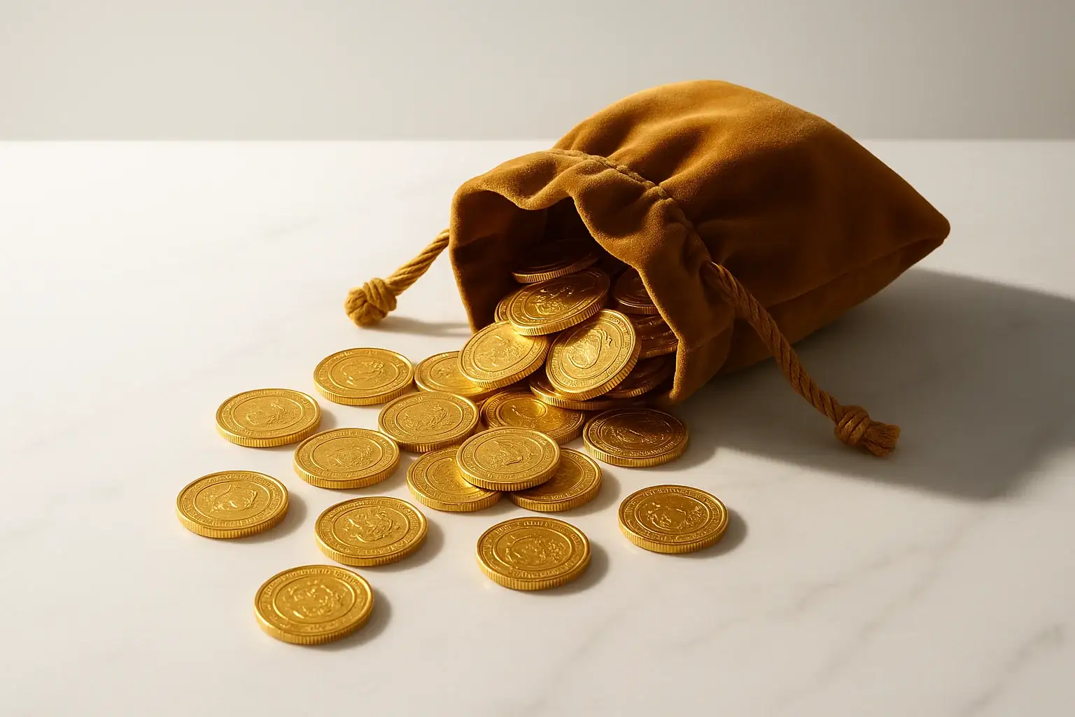 Golden coins cascading from a velvet pouch on white marble