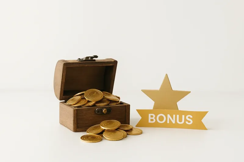 Open treasure box with gold coins, star badge and bonus ribbon