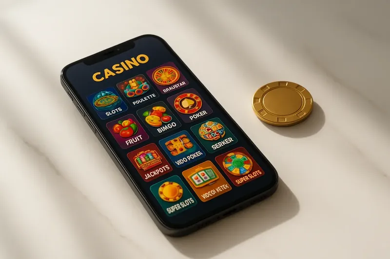 Smartphone on white marble showing colorful casino game lobby