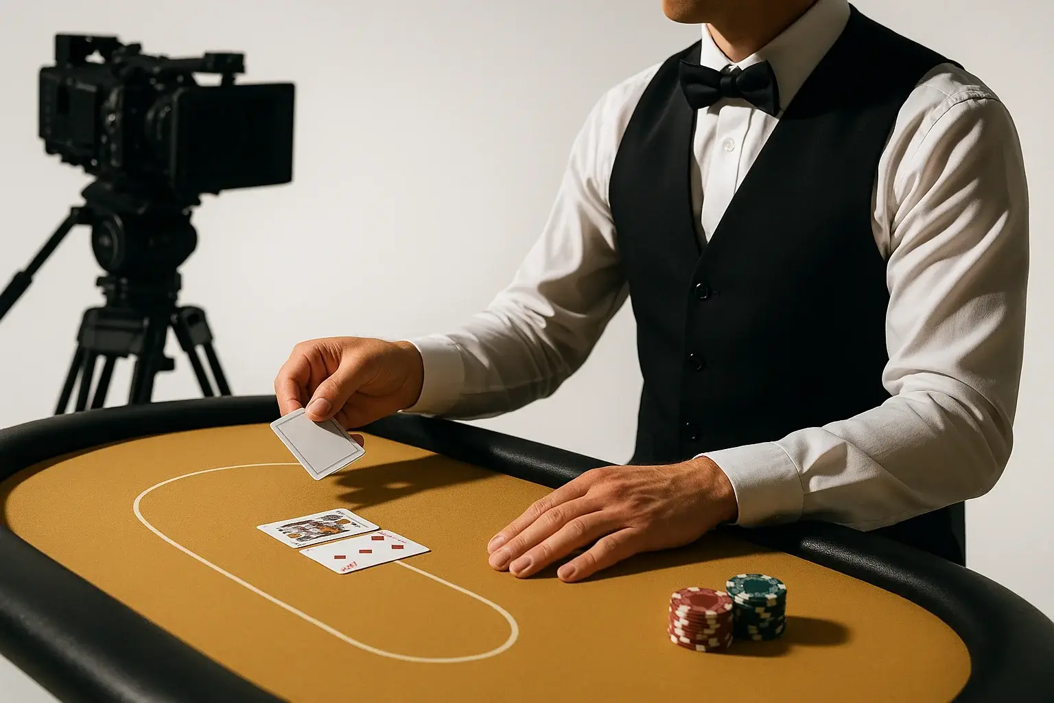 Professional blackjack dealer in live casino studio with camera rig