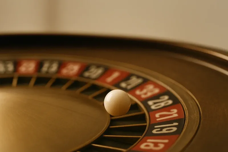 Roulette ball frozen mid-roll on wheel rim with blurred numbers