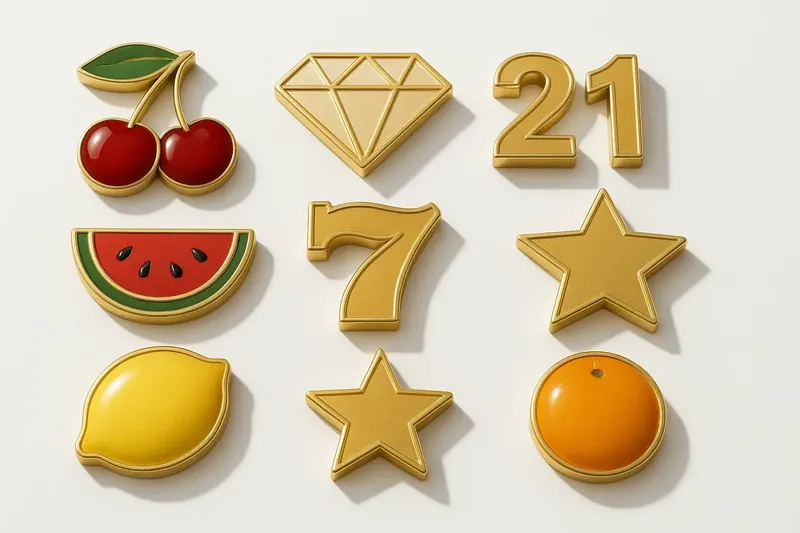 Assorted casino slot icons with fruit, diamonds, lucky sevens, and stars